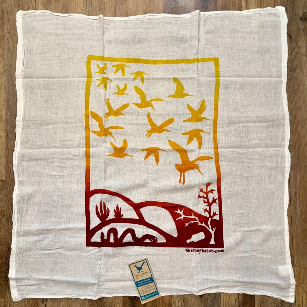 Kei & Molly Textiles Flour Sack Dish Towel Hand Painted Desert Birds Cotton NWT